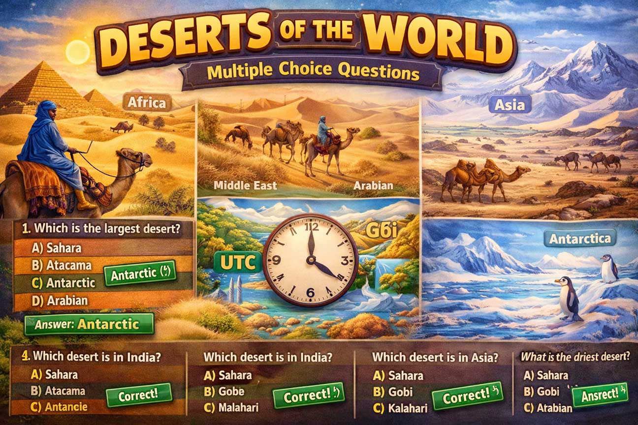 Deserts of the world MCQ quiz questions with answers showing Sahara Antarctic Gobi and Arabian desert landscapes for geography learning