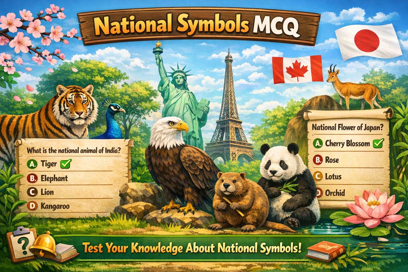 National symbols MCQ quiz with animals flags and flowers including tiger eagle panda and cherry blossom for general knowledge learning