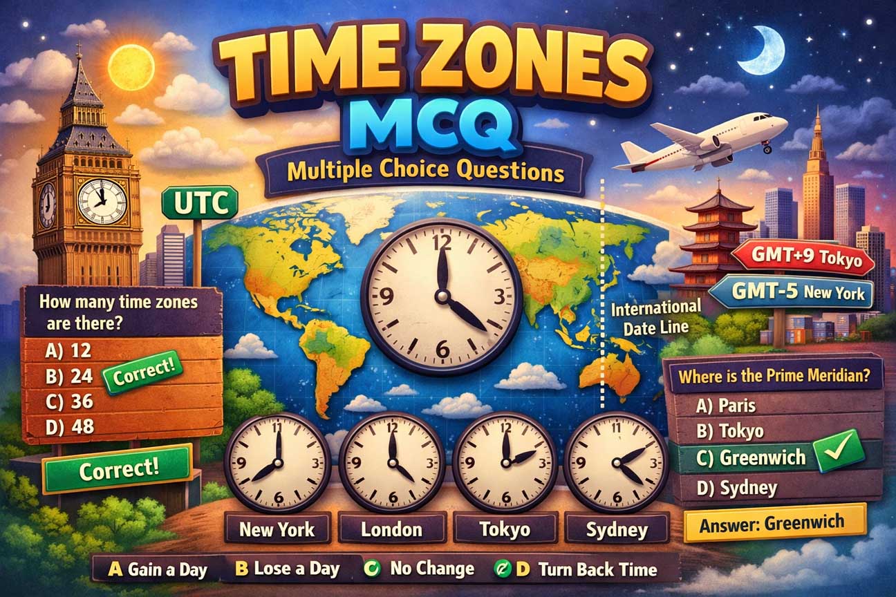 Time zones MCQ quiz questions with answers showing world map clocks UTC GMT and international date line for geography learning