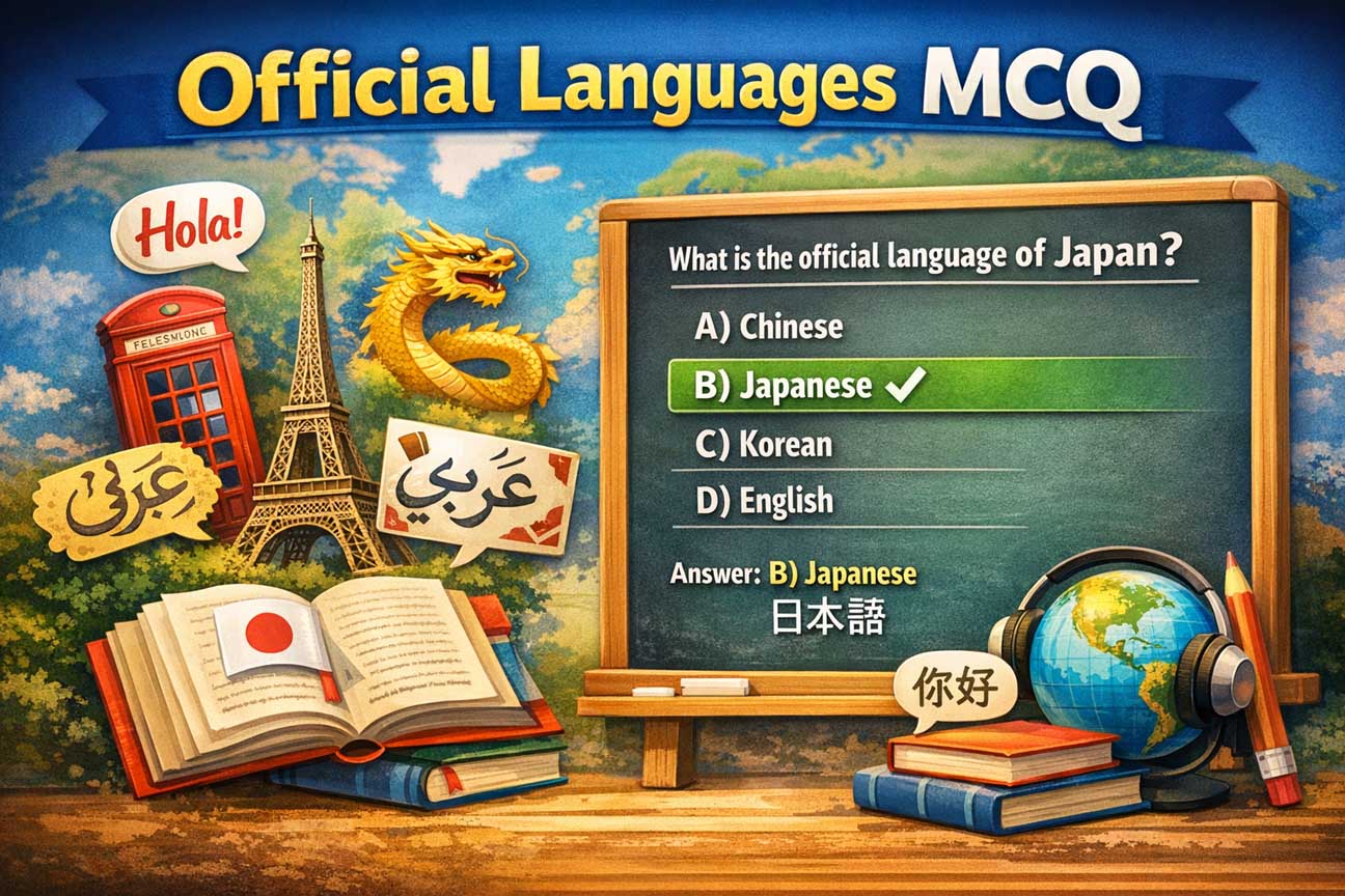 Official languages MCQ quiz questions with answers showing world languages like Japanese Arabic Spanish and English for general knowledge learning